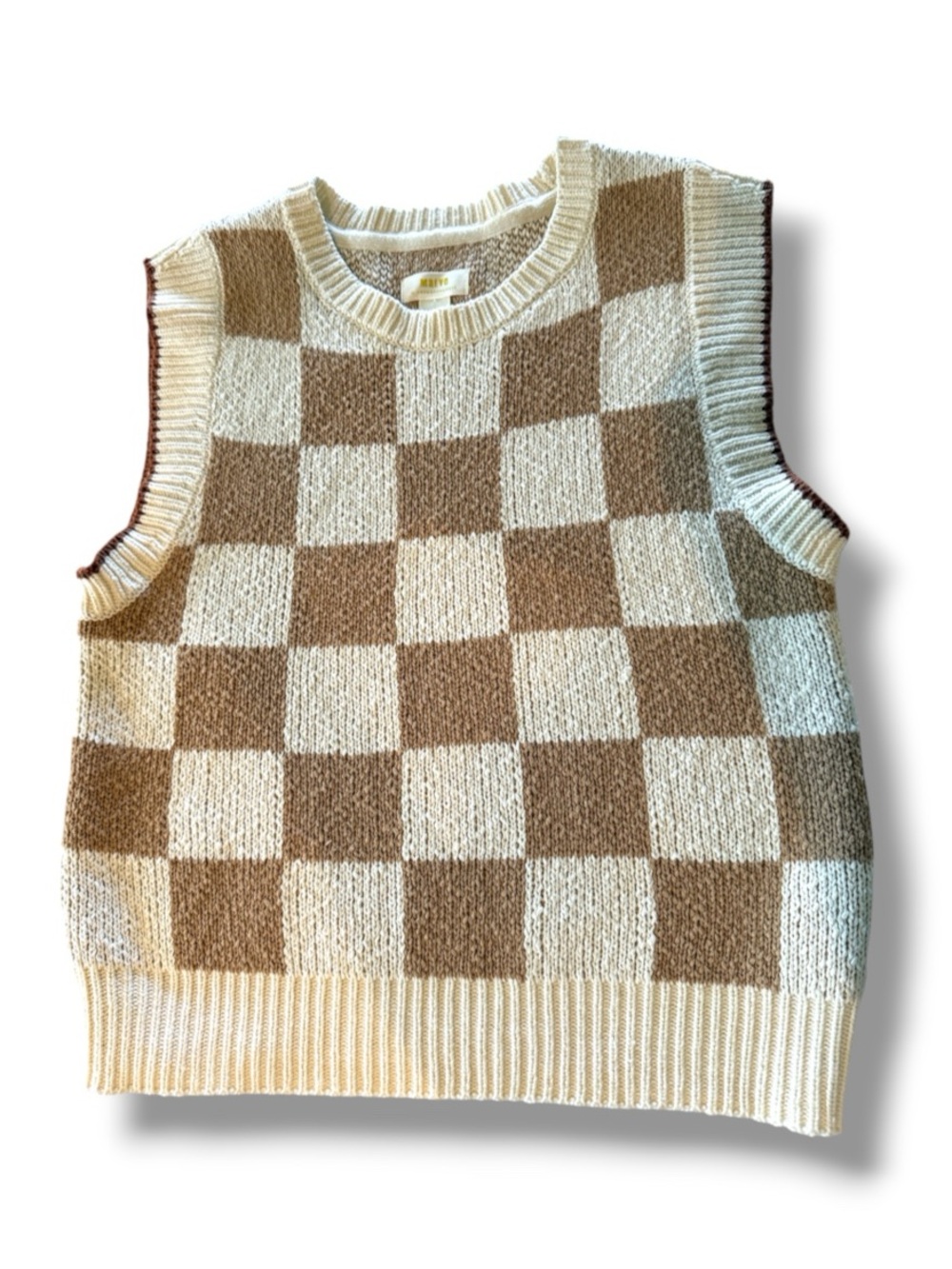 Anthropologie Maeve Checkerboard Knit Sweater Vest in Cream/Tan Size XS - Picture 4 of 13